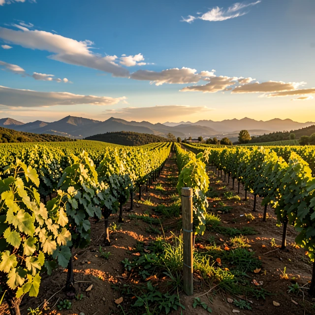 Scenic vineyard landscape at sunset with rows of grapevines on rolling hills
