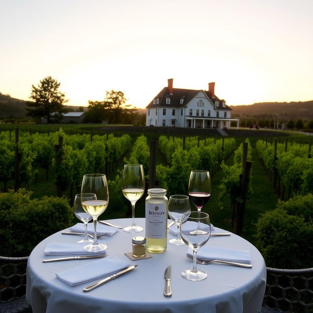 Outdoor tasting table with Beringer wines at sunset, overlooking vineyards and the Rhine House.