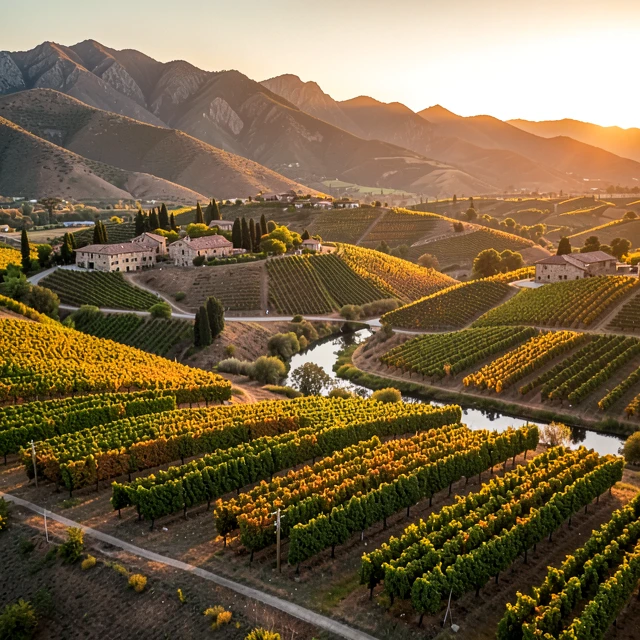 Aerial view of Napa Valley vineyards at sunset