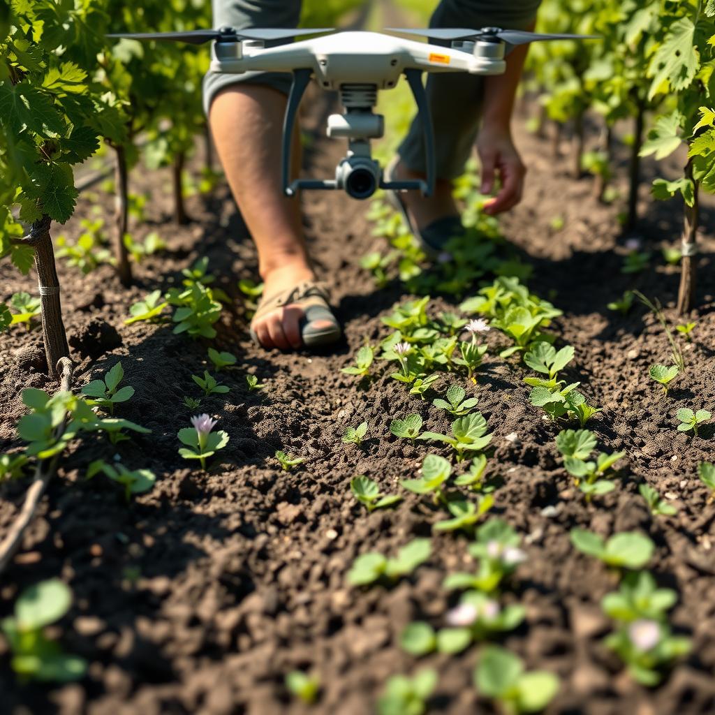 Vineyard worker planting cover crops with a drone overhead.