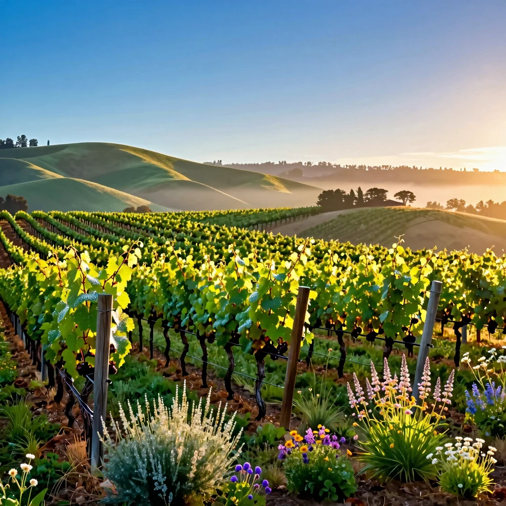 Sunrise over regenerative vineyards at Jackson Family Wines