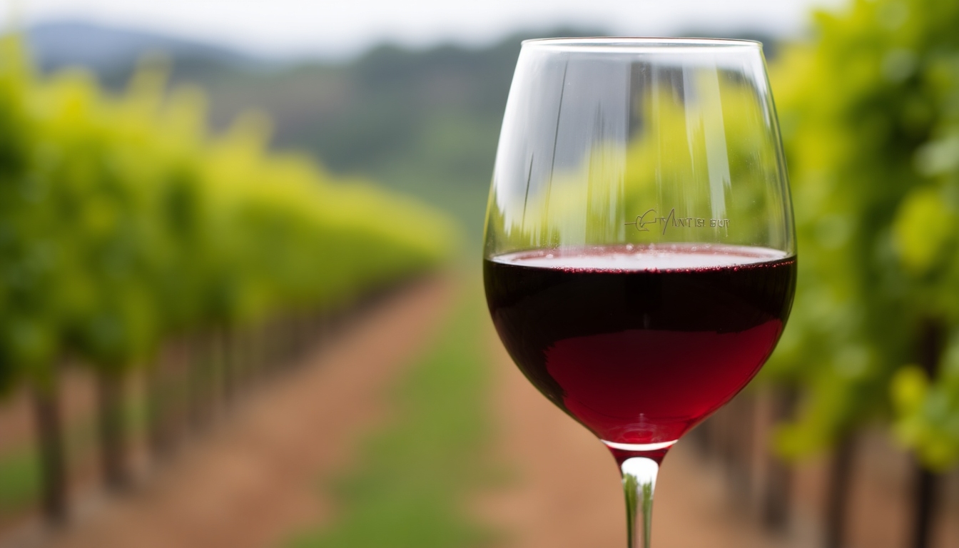 Glass of Beringer Merlot with vineyard backdrop