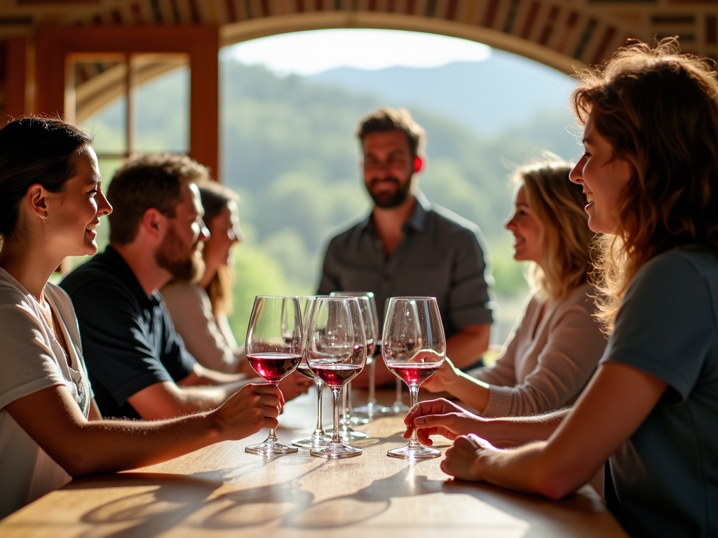 Wine enthusiasts participating in a tasting session at a Napa Valley winery, learning about the unique flavors and aromas of the wines.