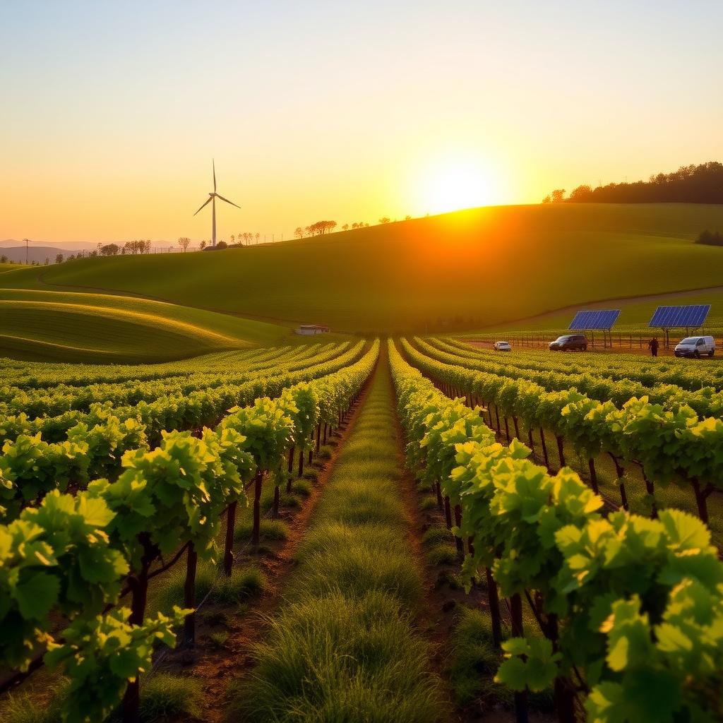 Sunrise over a sustainable vineyard with workers, solar panels, and wind turbines