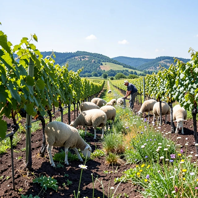 Sheep grazing between vineyard rows as part of regenerative agriculture practices