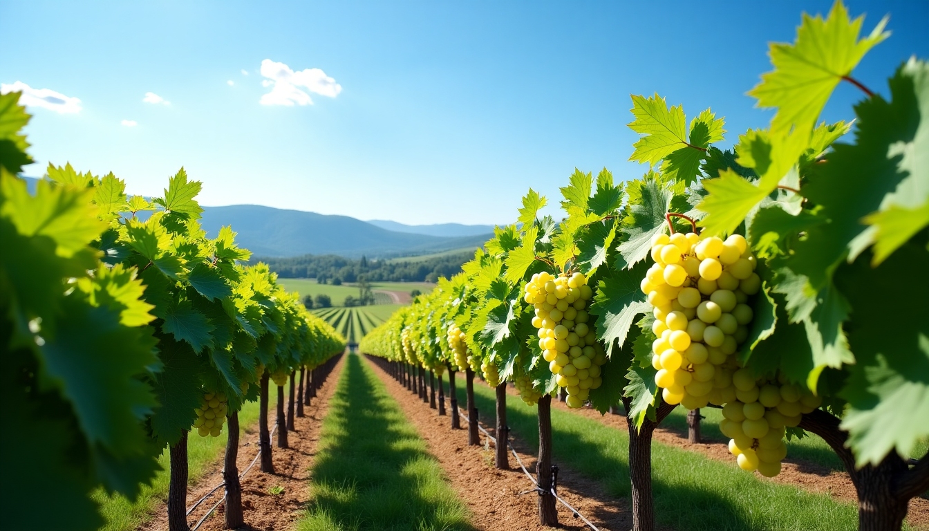 Vineyards stretching across rolling hills under a clear blue sky.