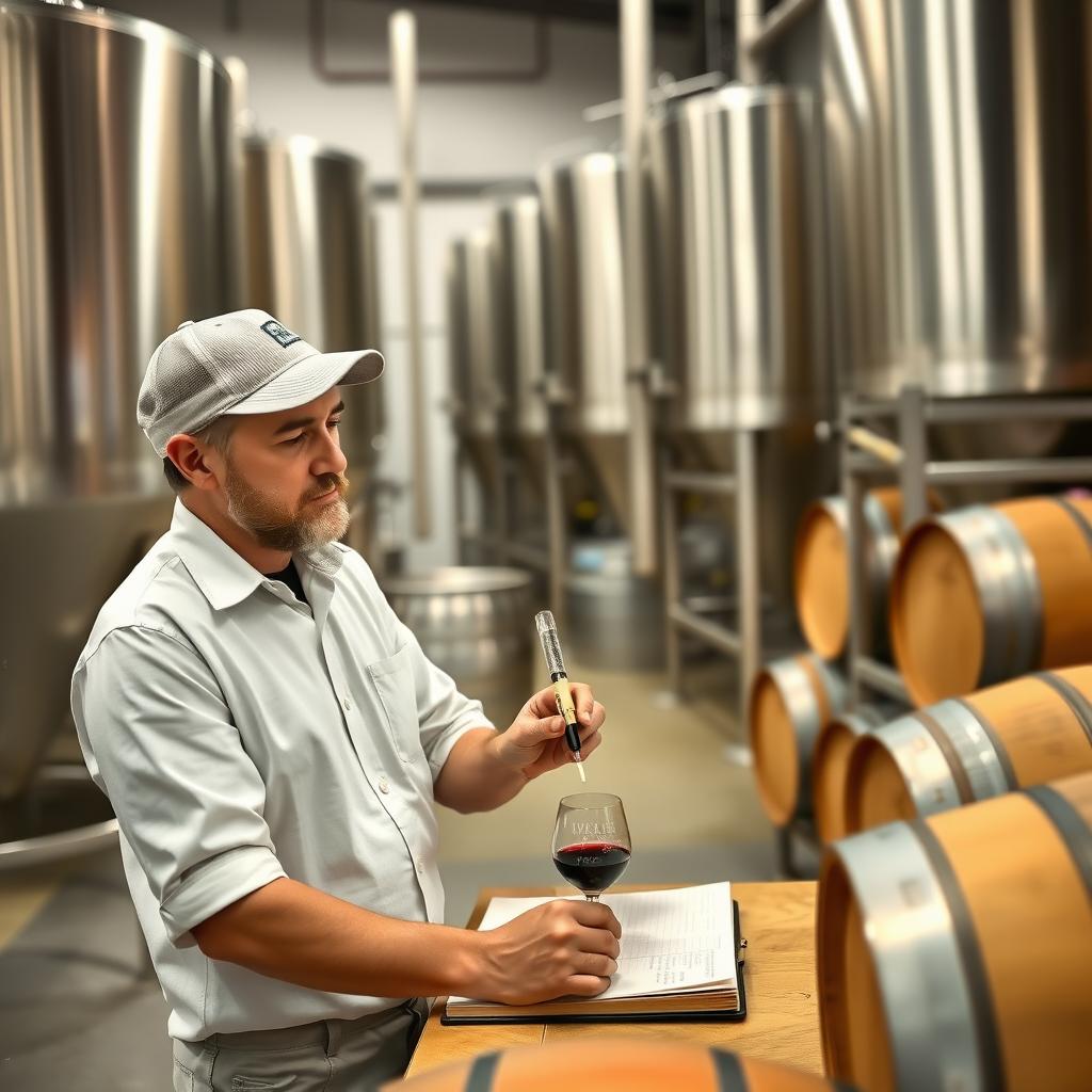 Winemaker analyzing wine samples in a modern winery lab.