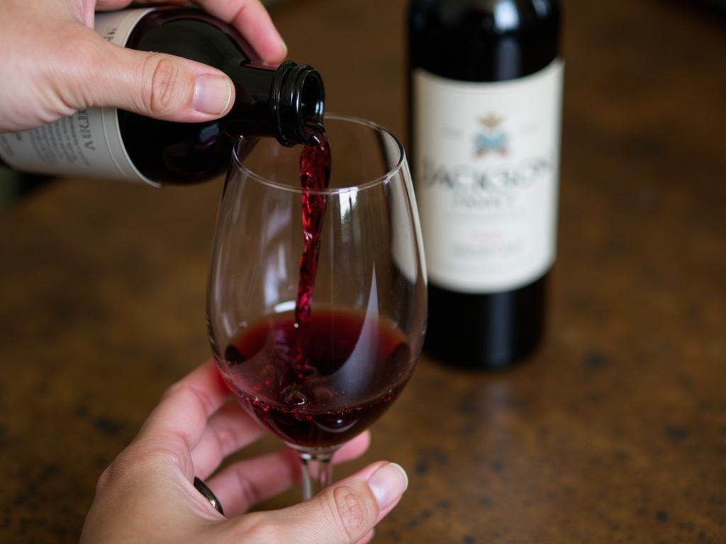 Red wine being poured into a glass with a Jackson Family Wines bottle nearby.