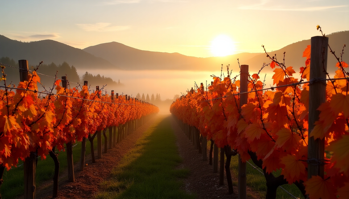 An Oregon vineyard in the fall, with colorful leaves on the vines and a misty background.
