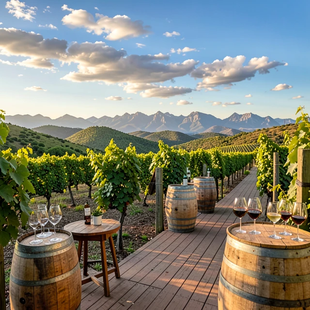 Sonoma County vineyard tasting room overlooking rolling hills at golden hour