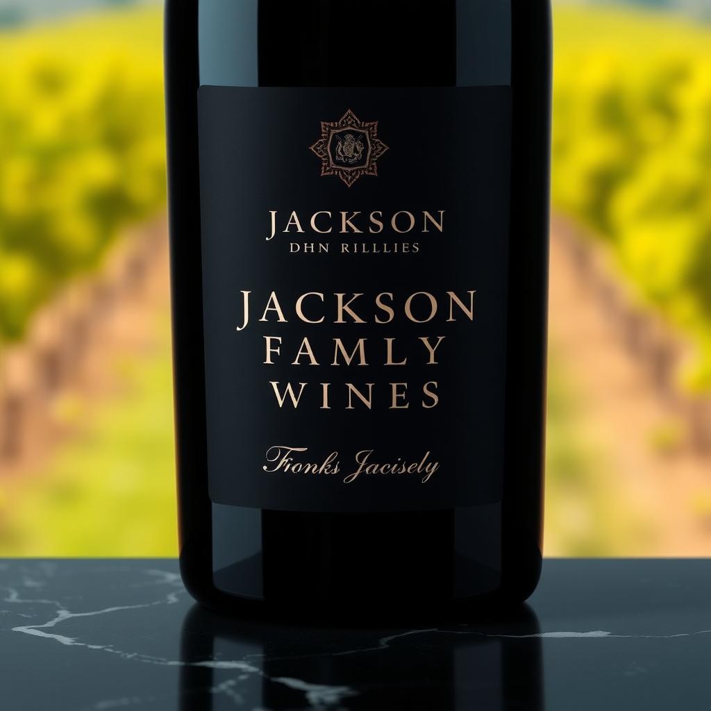 A modern Jackson Family Wines bottle with a minimalist label on a black marble surface, with a vineyard in the background.