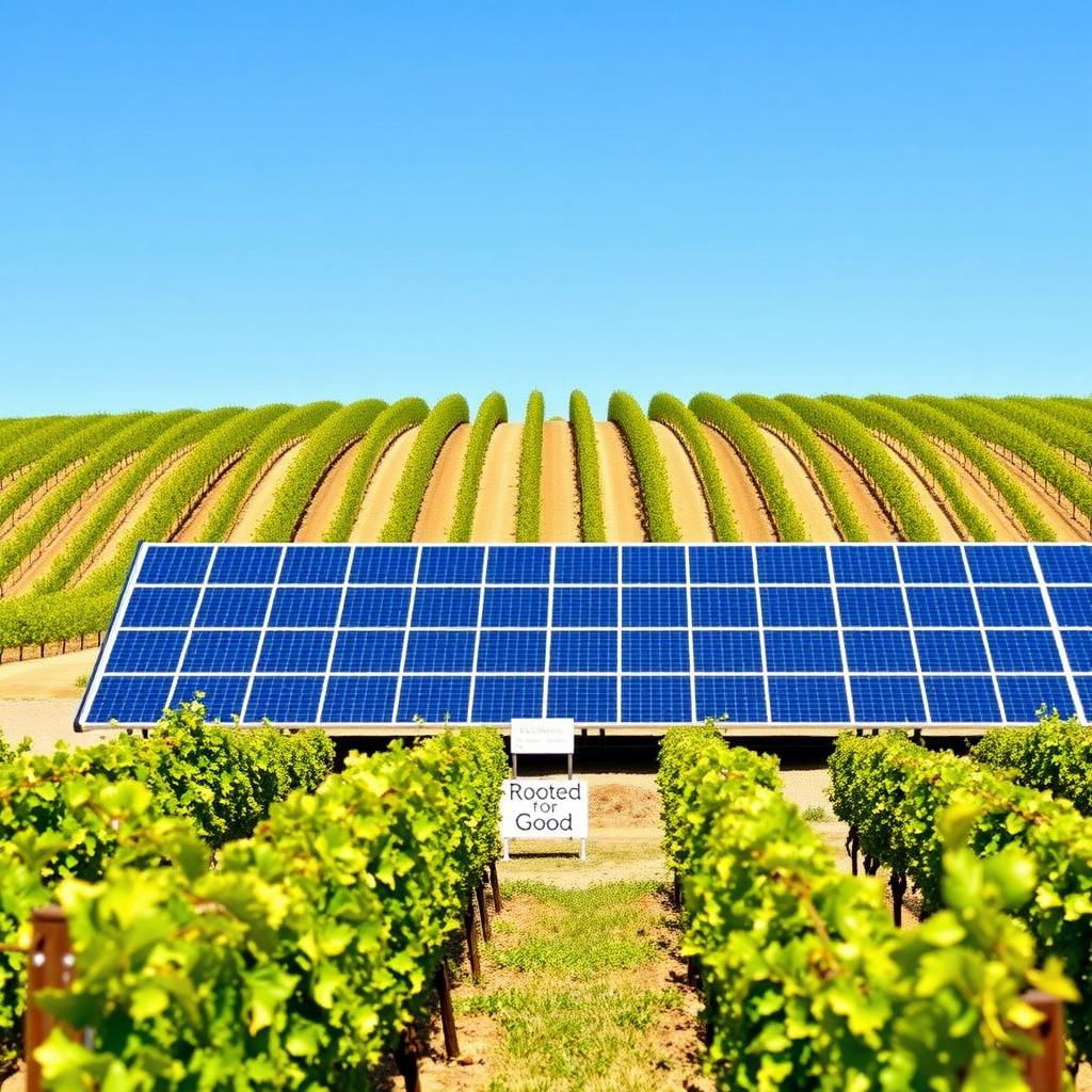 Solar panels in a Jackson Family Wines vineyard, with grapevines and a 'Rooted for Good' sign in the foreground.