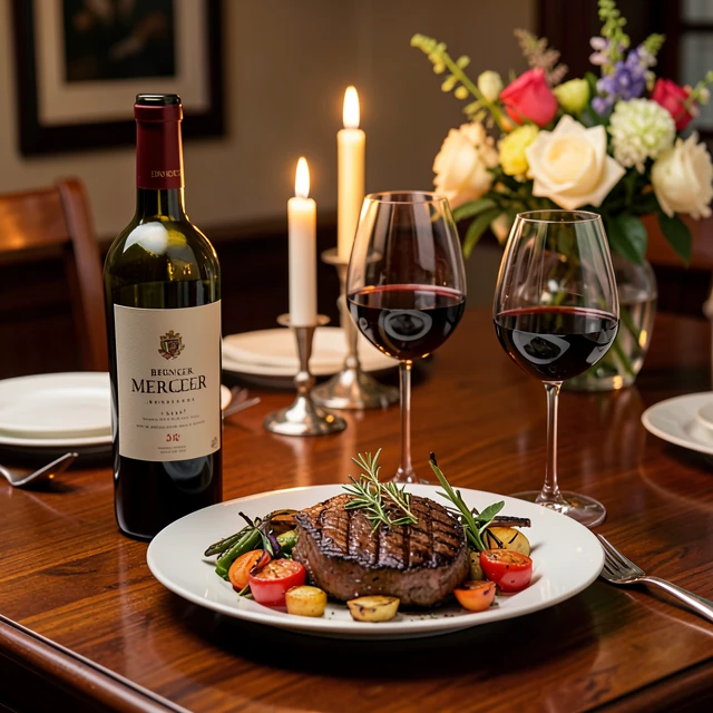 Perfect wine and food pairing example with Beringer Merlot and grilled steak