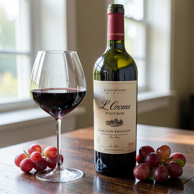 La Crema Pinot Noir bottle and glass from Jackson Family Wines
