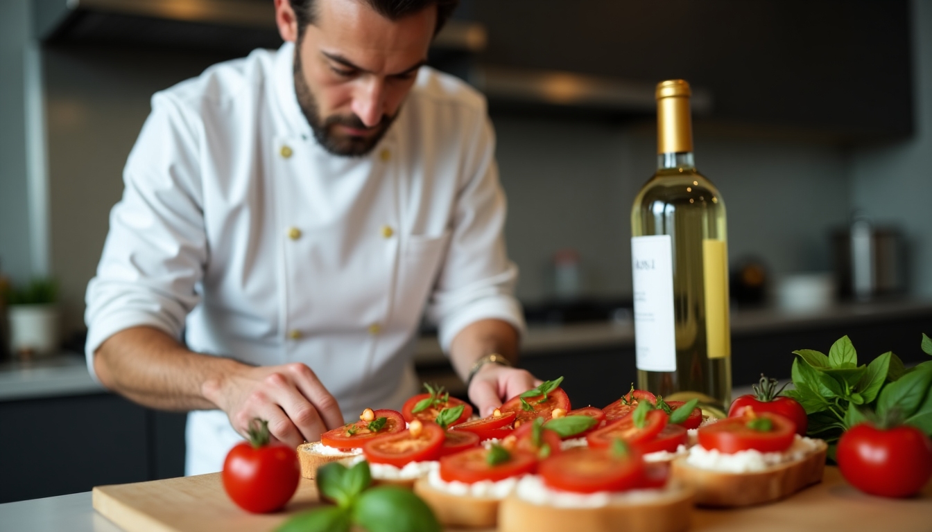 Chef preparing bruschetta for wine pairing
