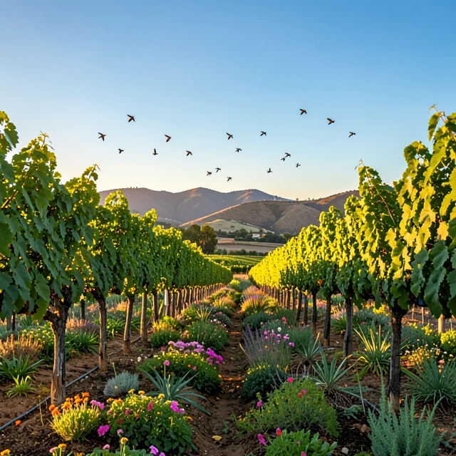 Lush organic vineyard in California showcasing healthy vines and cover crops under golden sunlight