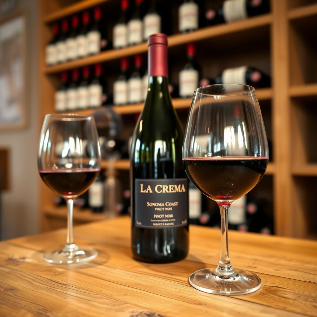 La Crema Sonoma Coast Pinot Noir bottle and glasses on a wooden table in a tasting room