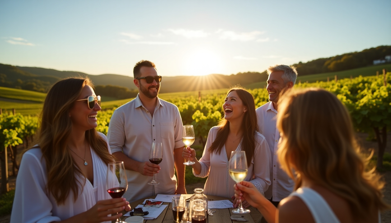 A small group of people enjoying a wine tasting session outside, surrounded by vineyards.