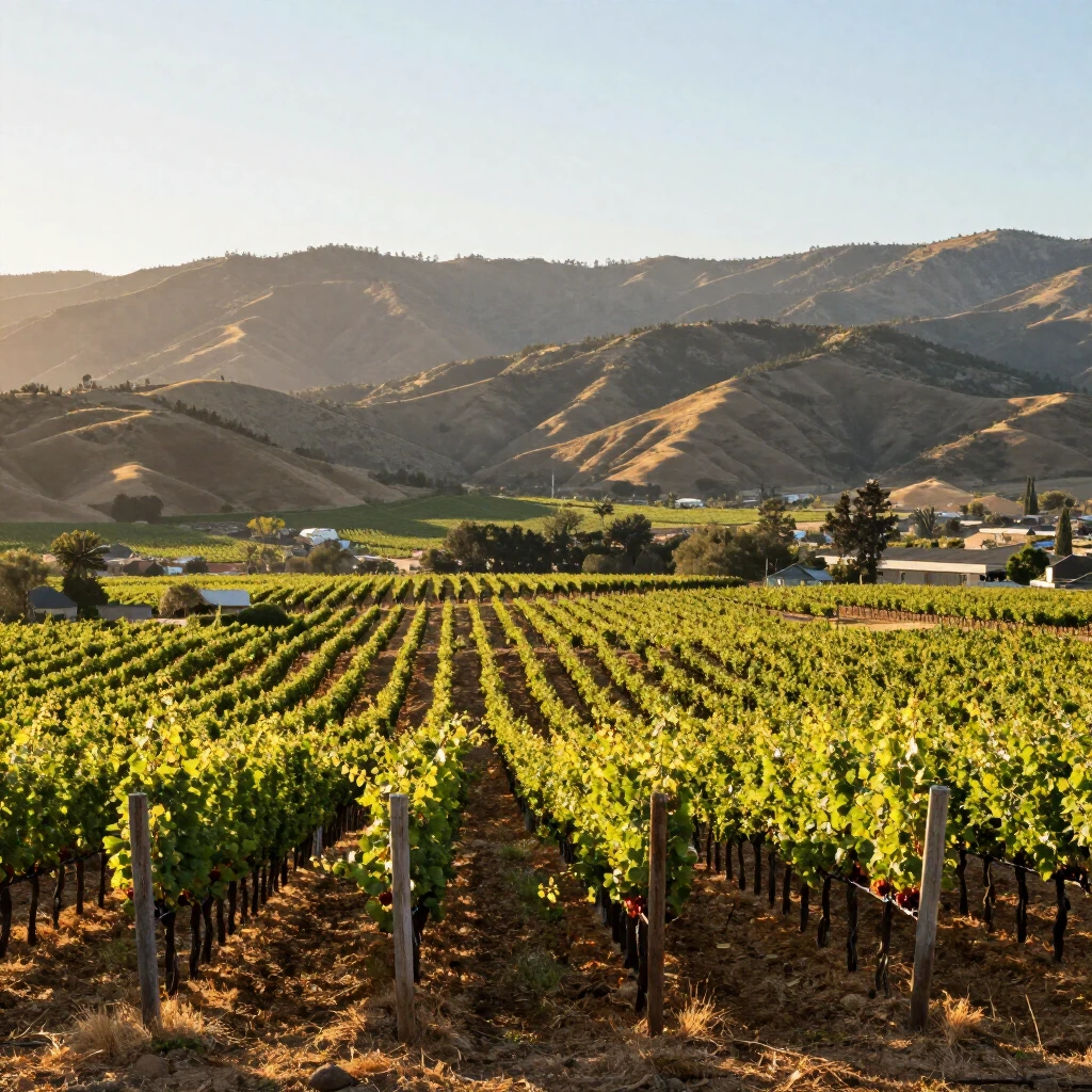 Vineyard landscape in Napa Valley, California with mountains