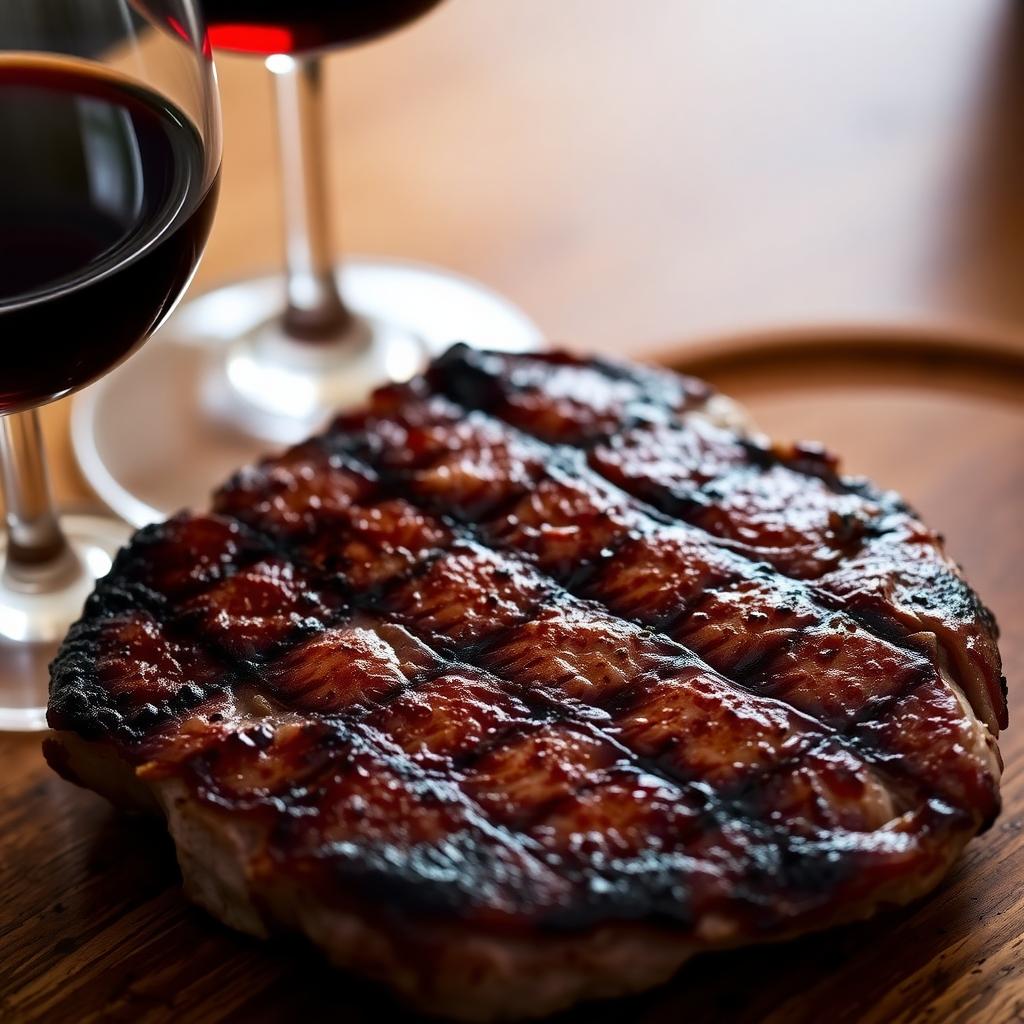 Red wine and steak on a wooden table.