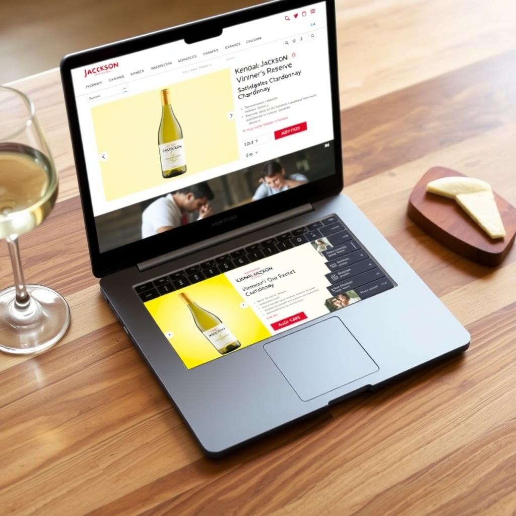 Laptop displaying Jackson Family Wines online store with Kendall-Jackson Chardonnay product page, alongside a glass of wine and cheese board.