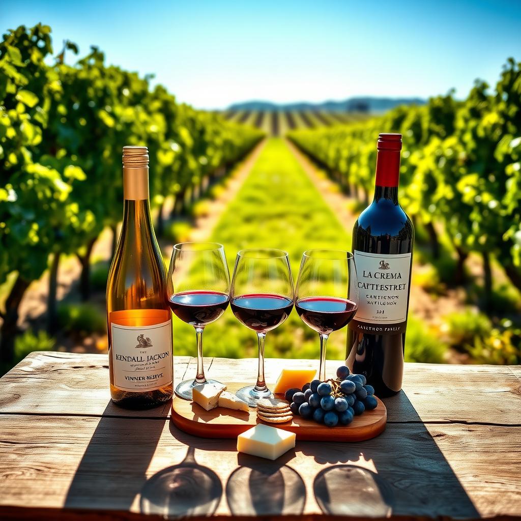 Three bottles of Jackson Family Wines on a wooden table in a vineyard, accompanied by wine glasses and a charcuterie board.
