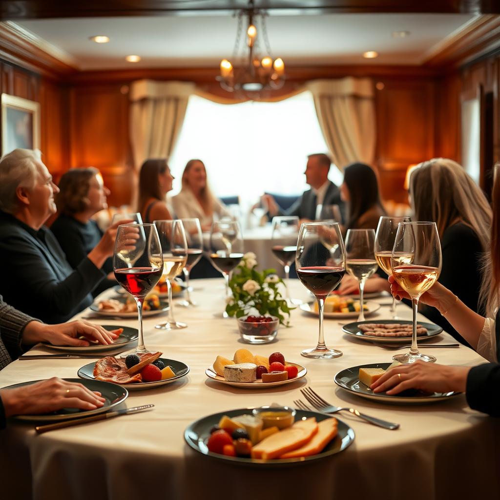 A cozy dining table set for a wine tasting party with wine glasses, charcuterie, and friends toasting in the background.