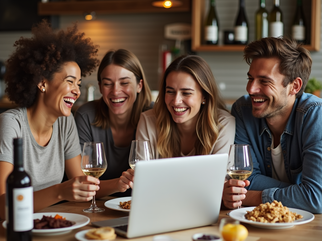 Friends enjoying a virtual wine tasting with laptops and snacks