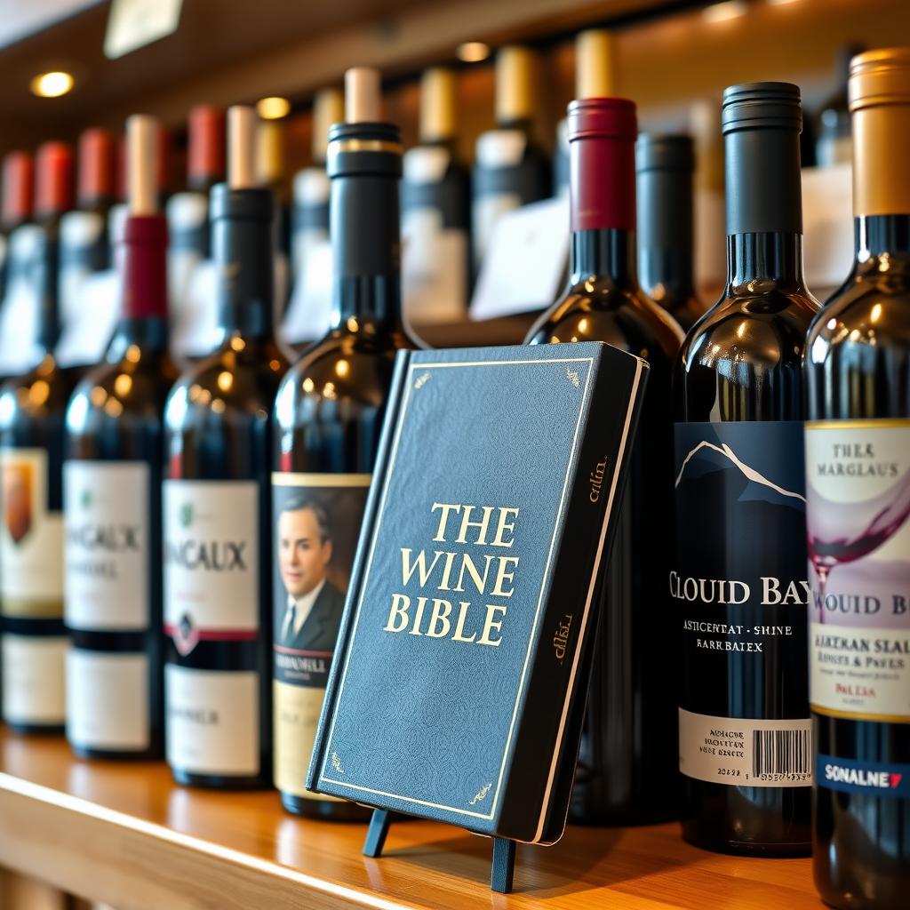 Wine shop shelf with Château Margaux, Antinori, and Cloudy Bay bottles, featuring The Wine Bible on display.