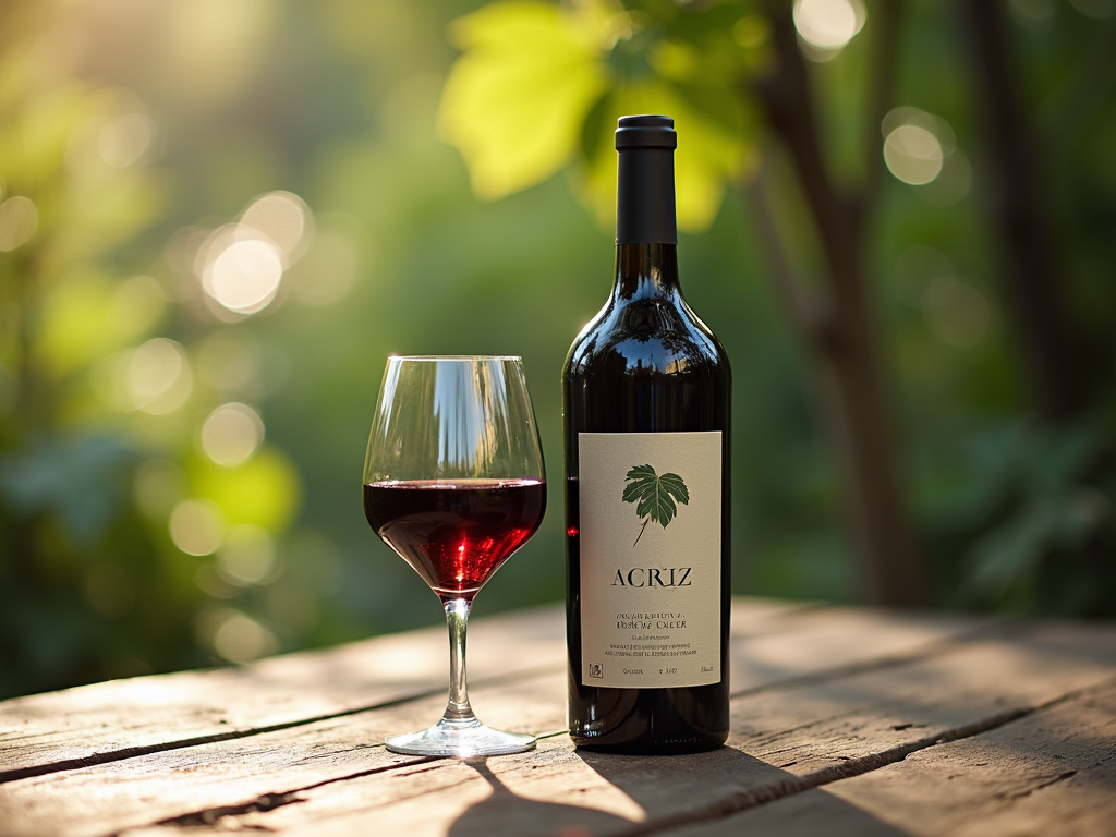 Organic wine bottle and glass on table