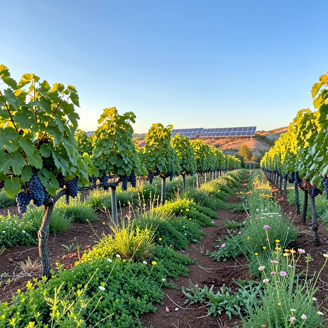 Sustainable vineyard in Sonoma County showing cover crops and renewable energy