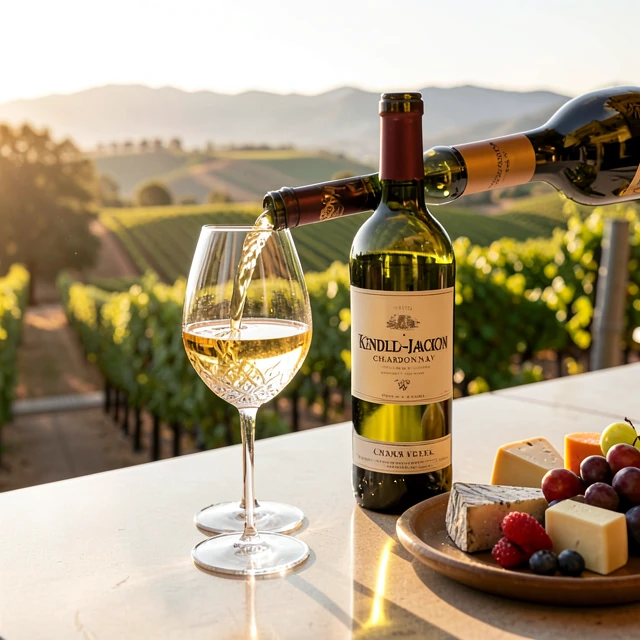 Wine tasting of Kendall-Jackson Chardonnay on a California vineyard patio