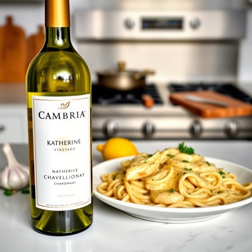 A kitchen counter with Cambria Chardonnay, chicken Alfredo, and fresh ingredients.