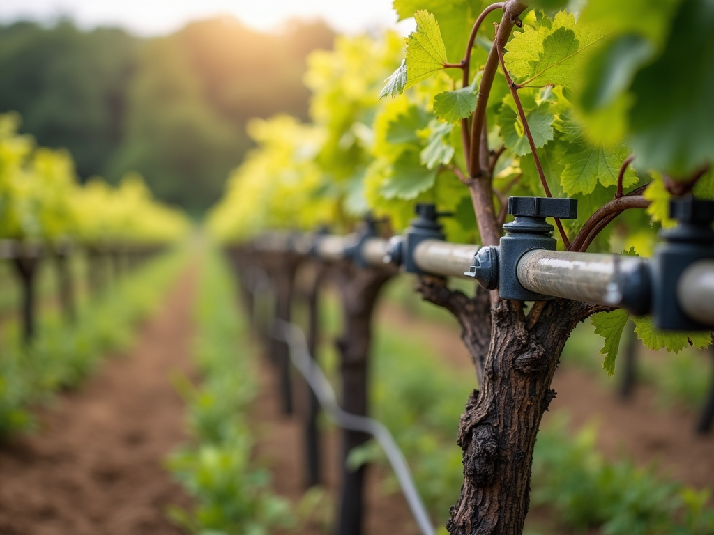 A detailed view of a drip irrigation system in a vineyard, showcasing water-saving technology.