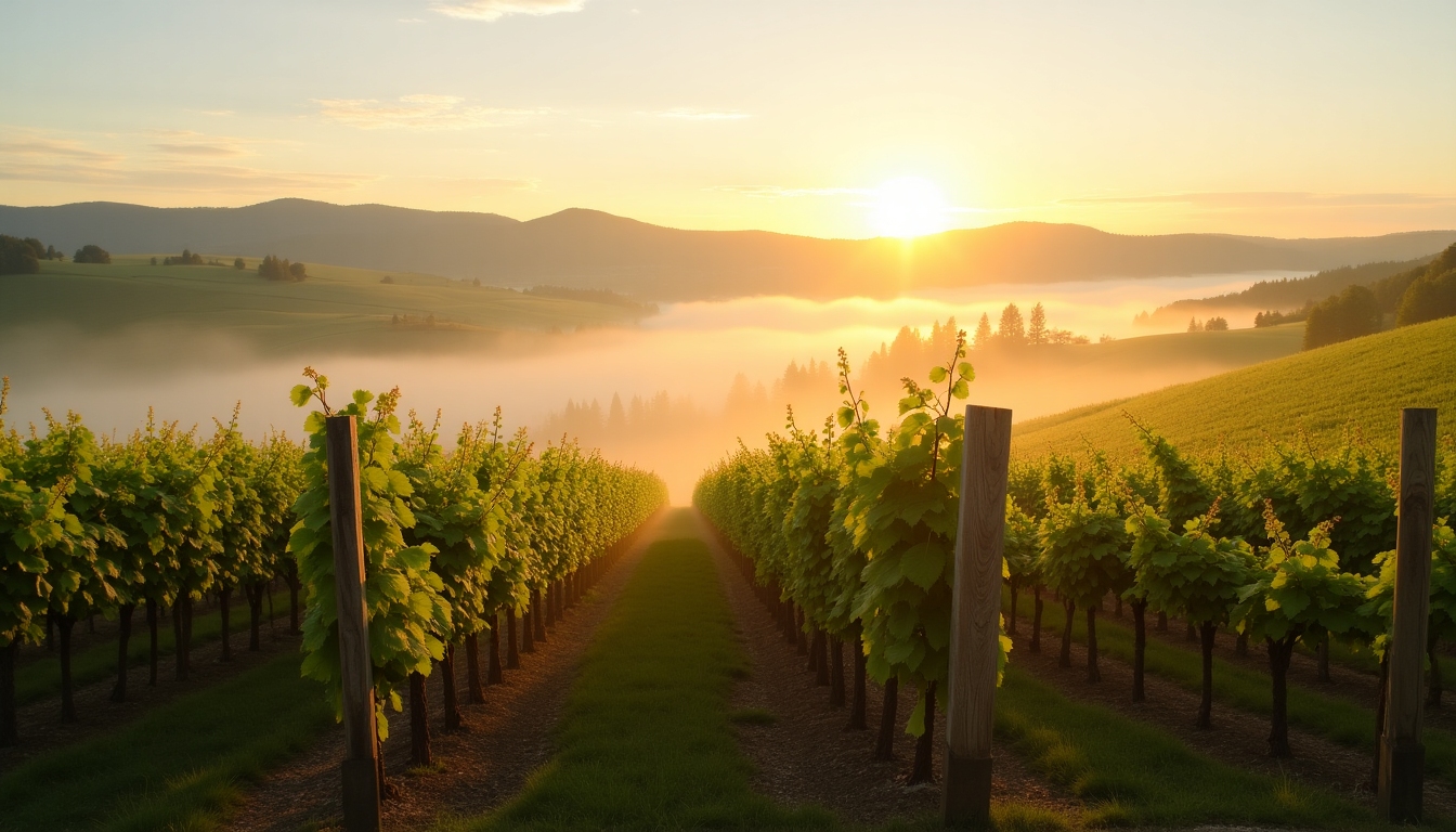 A serene vineyard landscape with morning mist, showcasing rows of grapevines.