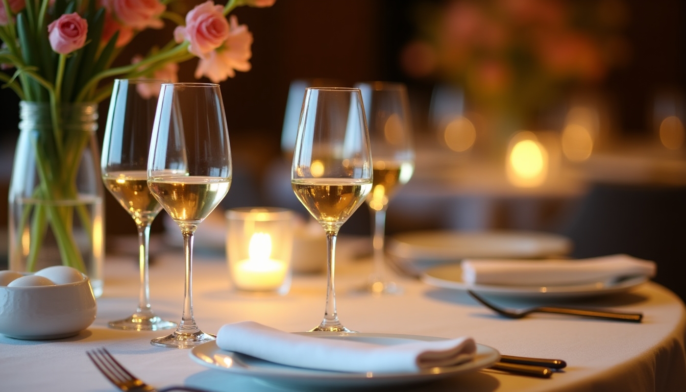 elegant wine glasses filled with white wine on a dinner table