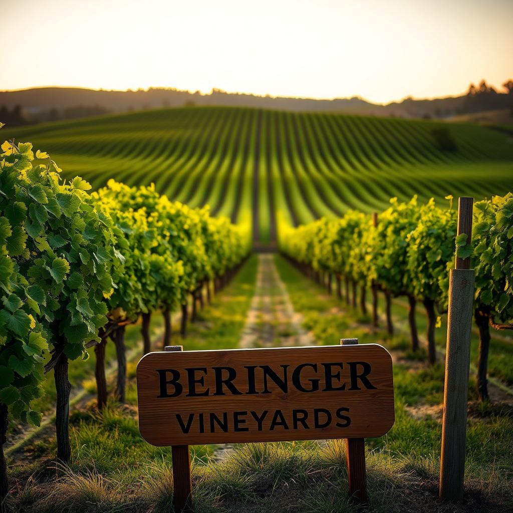 A Napa Valley vineyard at dusk with rows of grapevines under golden sunlight and a Beringer Vineyards sign in the foreground.