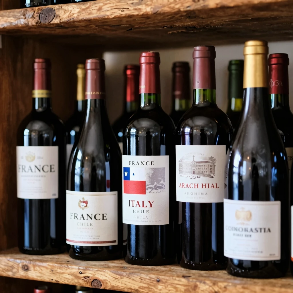 Collection of red wine bottles from France, Italy, Chile, and Argentina