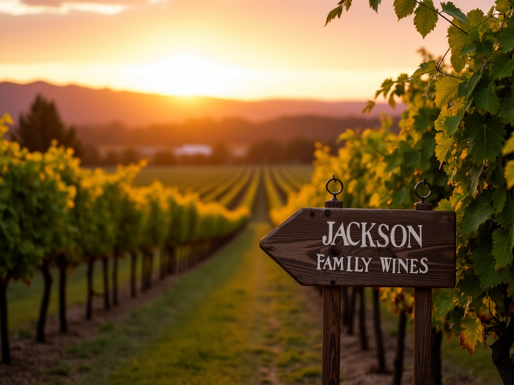 Vineyard at sunset with Jackson Family Wines sign