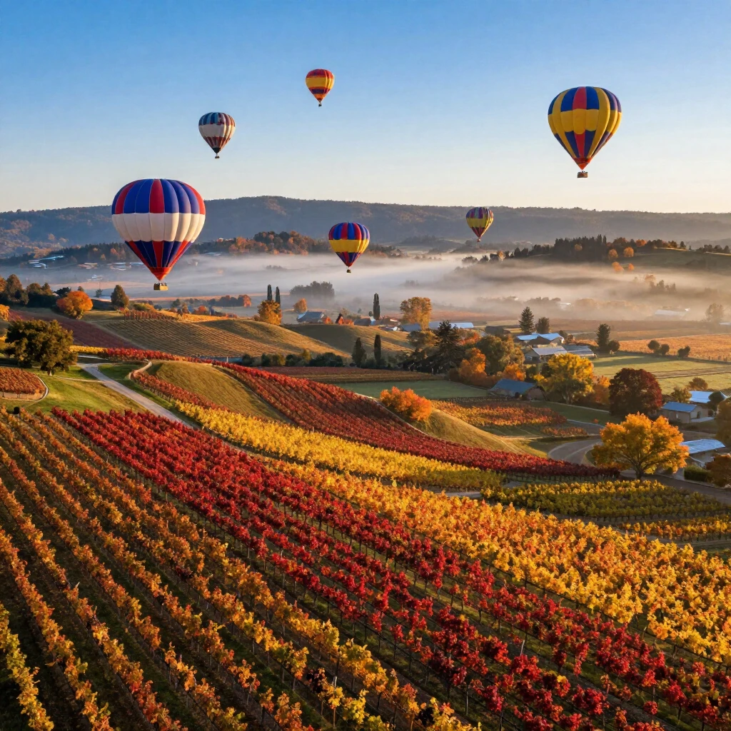 Aerial view of Napa Valley vineyards in autumn with colorful foliage and hot air balloons