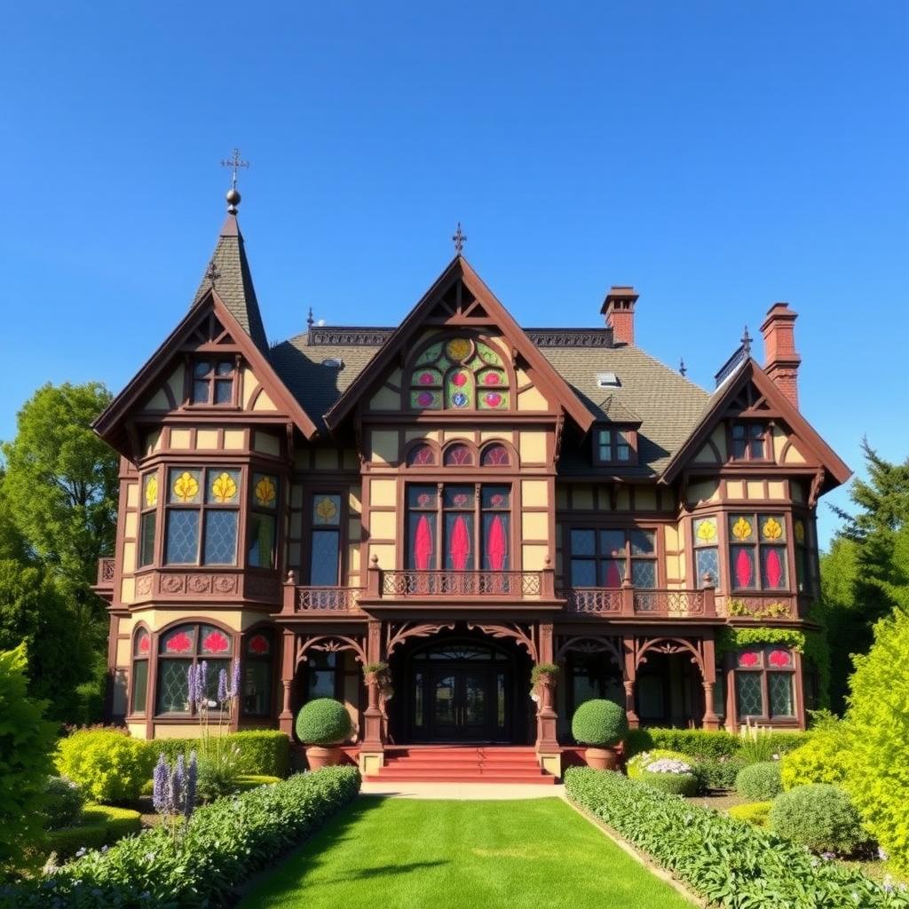 The historic Rhine House at Beringer Vineyards, showcasing its Victorian architecture and colorful stained glass windows, set against vibrant gardens.