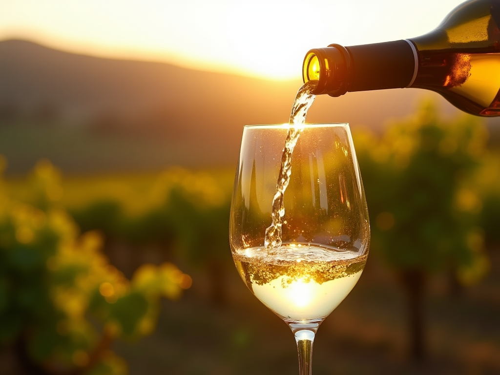 Chardonnay poured into glass with vineyard background