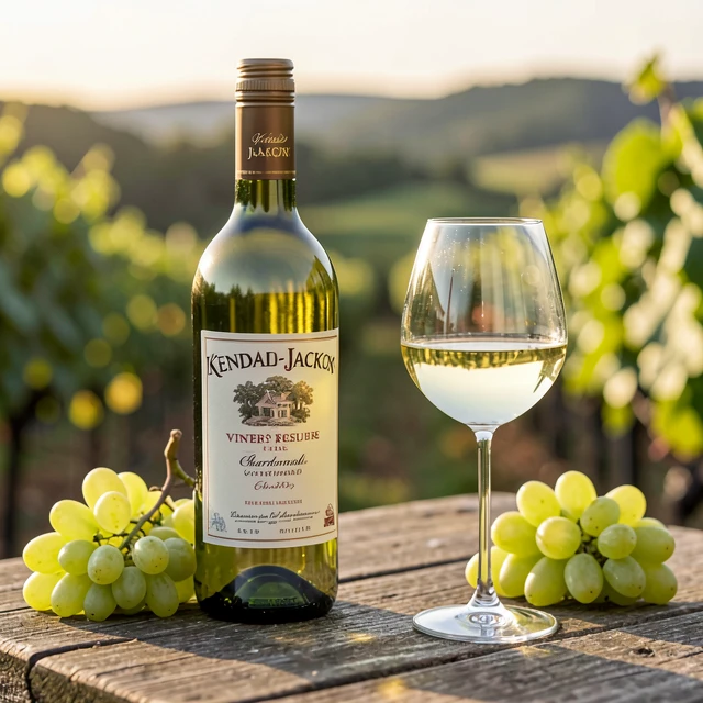 Bottle of Kendall-Jackson Chardonnay with glass and grapes, representing the iconic start of the Jackson Family Wines collection