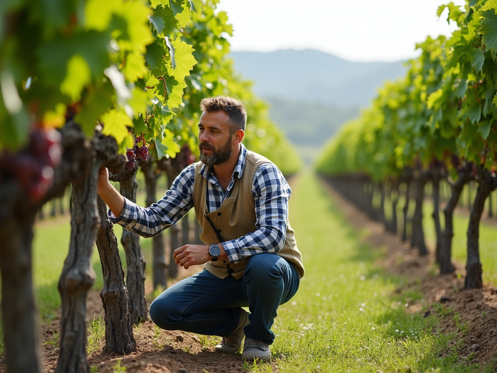 Winemaker checking organic grapevines