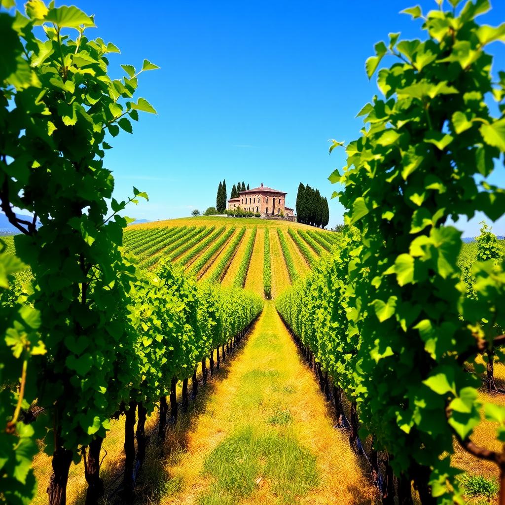 Tuscan vineyard with Sangiovese vines and a historic stone villa in the background