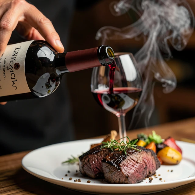Sommelier pouring red wine over a steak plate for ideal food pairing