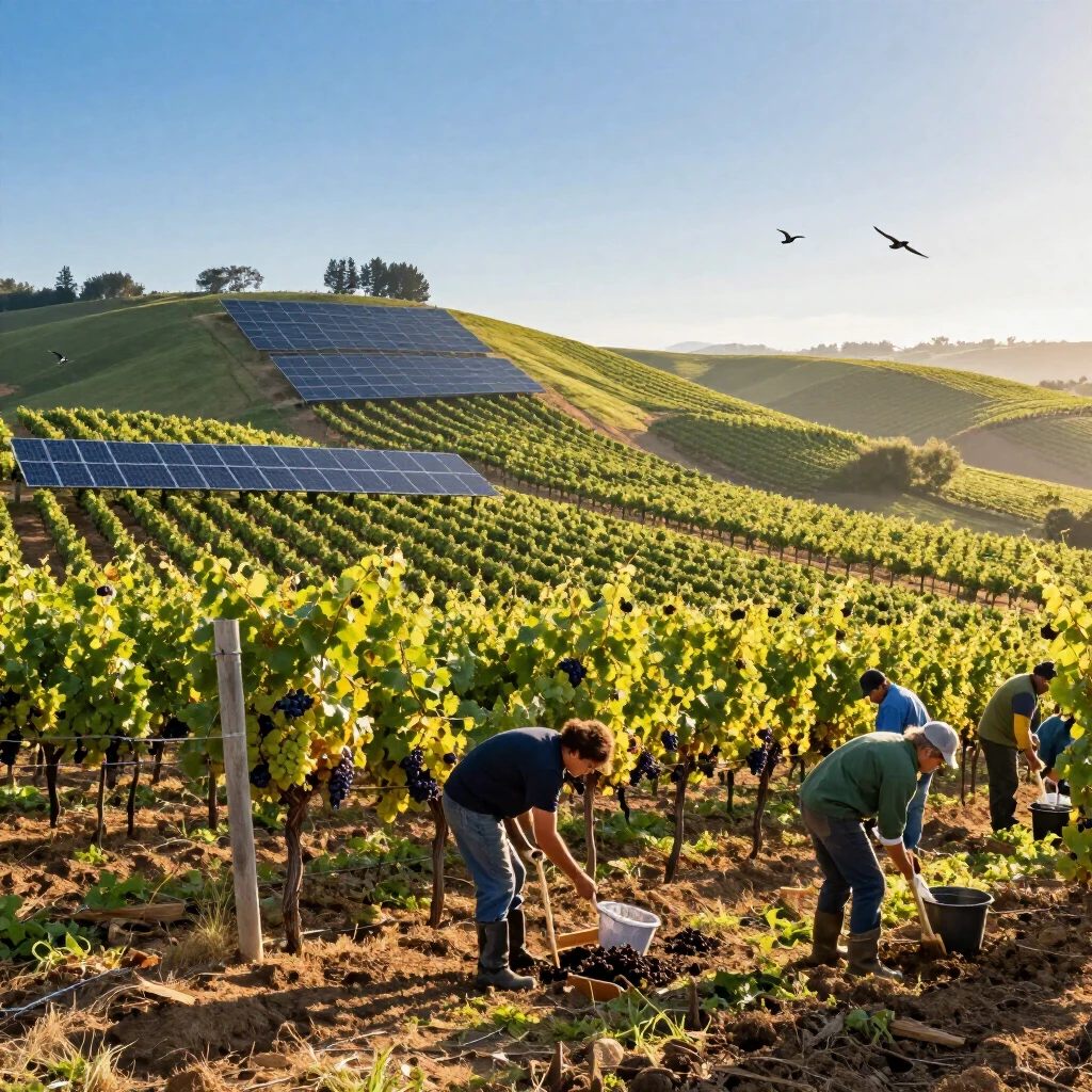 Sunrise over a sustainable vineyard highlighting eco-friendly farming techniques
