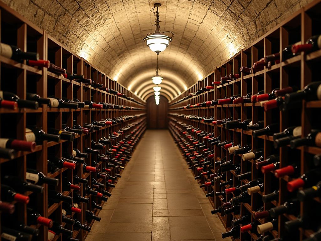 A quiet wine cellar with stone walls and wooden racks.