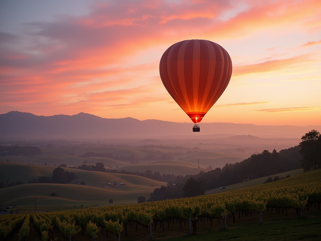 Hot air balloon over Napa Valley vineyards