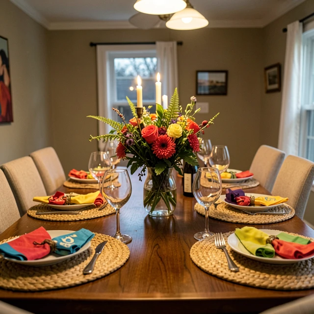 Cozy casual dinner party table setting at home with wine glasses and fresh flowers